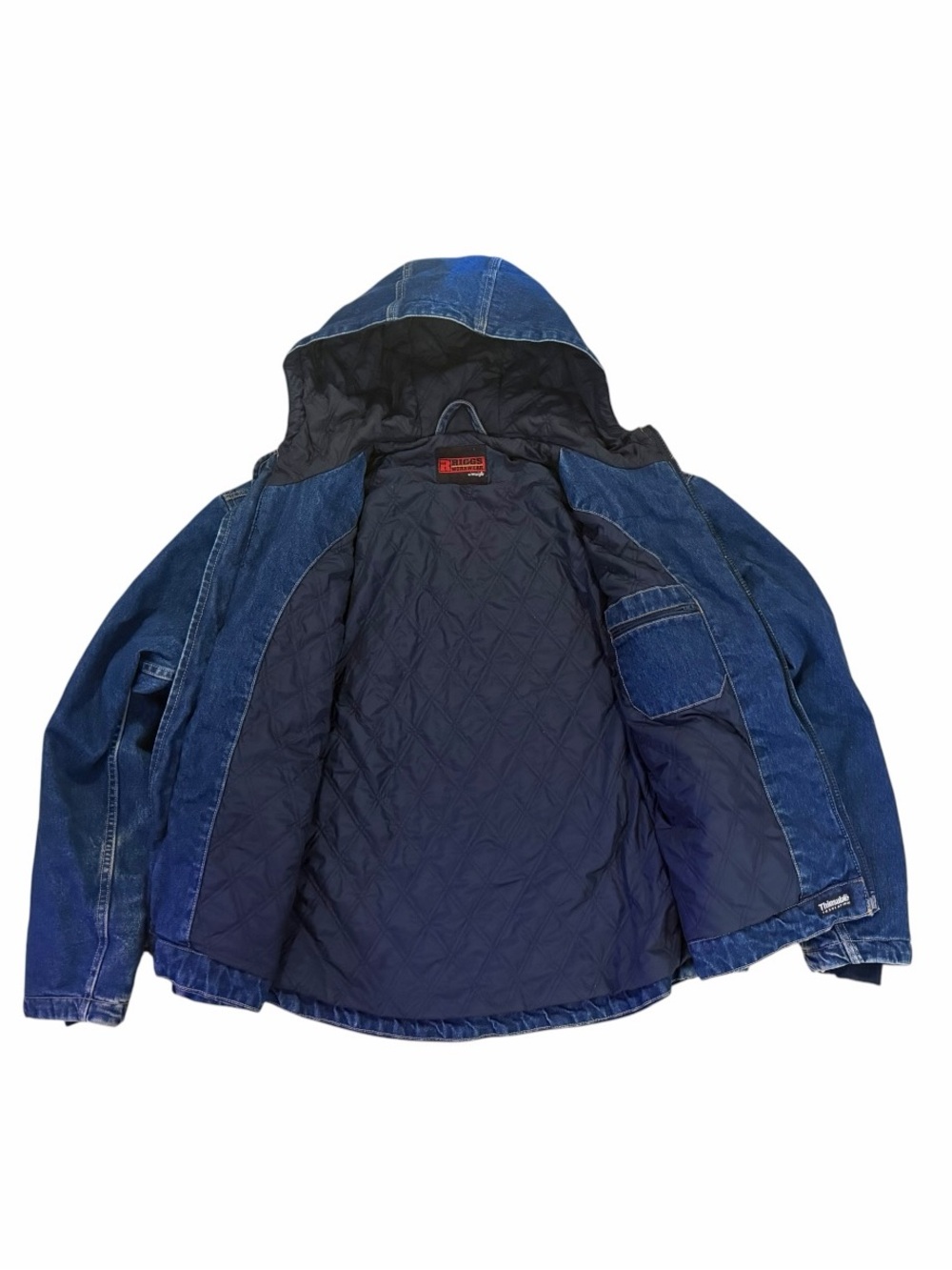 VTG Wrangler Riggs Denim Hooded Winter Jacket Work Quilt Lined Chore Mens Y2K - Picture 3 of 9